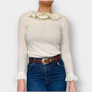 70s Cream Off White Dalton Ruffle Collar Blouse